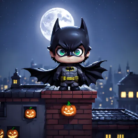 (Pixel art:1.5), (batman:1.5), (Gotham city:1.5), (Halloween:1.5), (roof top:1.5), (moonlight:1.5), cute, pixel art, chibi emote, chibi character, 2D,