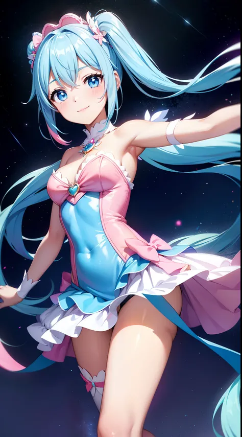 Super Idol　a beauty girl　A charming smile　sky blue hair　length hair　Twin-tailed　Bright white and pink and blue bright sexy leotard outfit　Fantasia　constellation　a moon　Crystal Brilliance　Aurora Borealis in the Night Sky