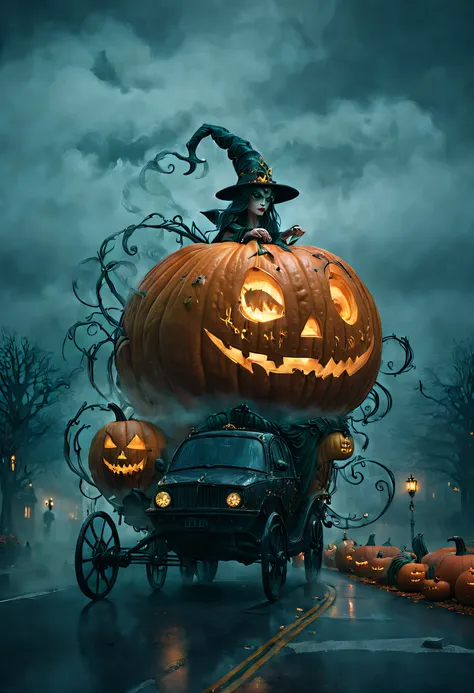 ssta, the dark witch cruising casually on the city roads in a magical pumpkin carriage, beautifully carved decoration，glowing fr...