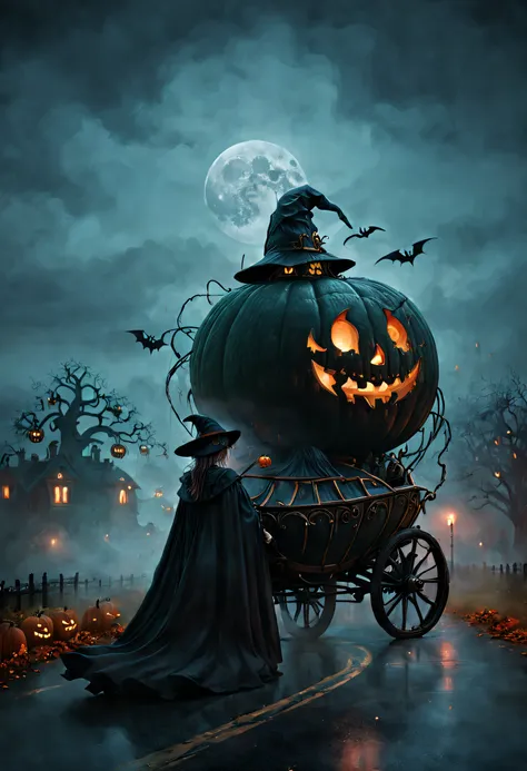 ssta, halloween night，the beautiful dark witch cruising casually on the city roads in a magical pumpkin carriage, beautifully ca...