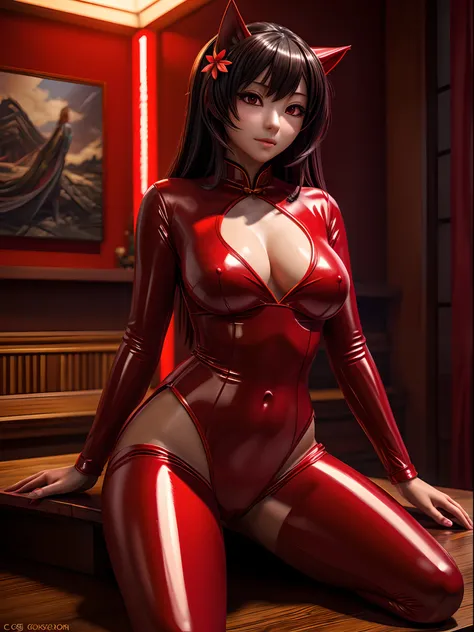 (full body) there is a woman in a red latex outfit laying on a table, a photorealistic painting by Yang J, trending on cg society, digital art, trending on cgstation, 🌺 cgsociety, wlop glossy skin, rin tohsaka, chinese girl, glowing red, red and cinematic ...