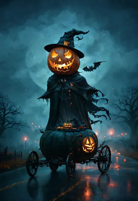 ssta, halloween night，the beautiful dark witch cruising casually on the city roads in a magical pumpkin carriage, beautifully ca...