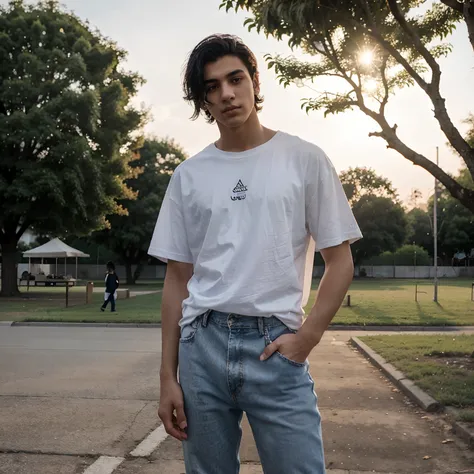 Boy with githar{ hes 20 years old with black hair, white skin and a normal hieght}. Hes stand so confidence in corner of a park in the sunset. masterpiece shot. {perfect details and high quality}. Hes iranian and {wearing a white over size t-shirt and blue...