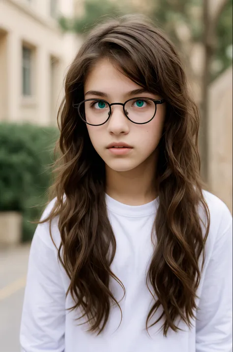 Teen, boy, messy brown hair, green eyes, glasses