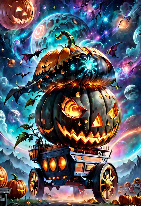 (tmasterpiece),（ultra - detailed：1.3），best qualtiy，（glittery:1.2），（Halloween Dream World:1.4），（The moon is empty），halloween night，(((A pumpkin cart made from a Gundam mecha、A mechanical pumpkin cart in a sci-fi world、A spaceship in the shape of a pumpkin c...