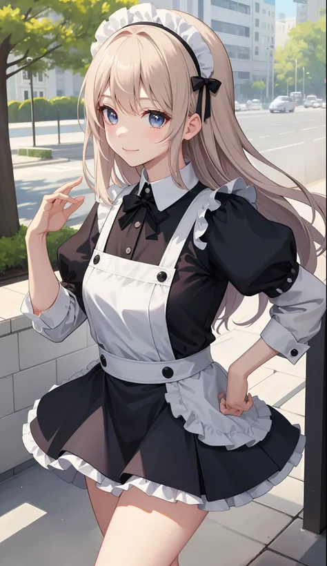 1girl in、AS-Adult、A smile、The shirt、skirt by the、（small tits）、doress、pinafore、Hair decoration、（Maid costume）、Walking with a thigh、Upper body portrait、movement、