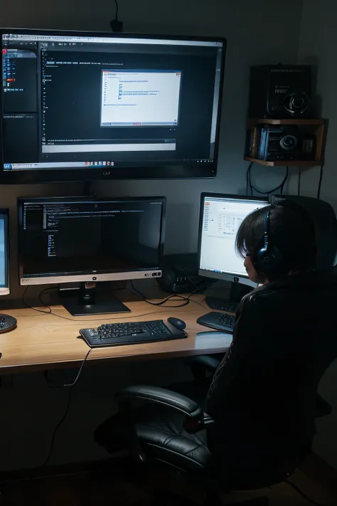 dual monitor screen, coding, cool lights, keyboard and mouse on table