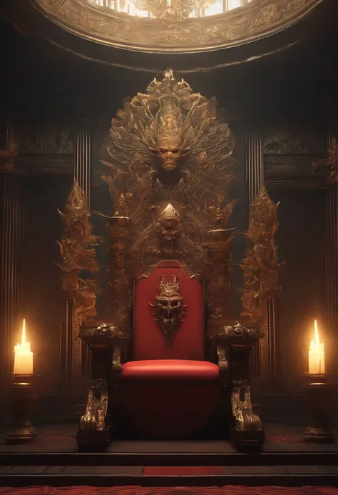 In a dimly lit chamber, a dark cool demon sits upon a grand throne. The demons presence exudes an aura of mystery and power, as shadows dance around the room. The demons chilling gaze pierces through the darkness, while a sly smile plays upon its lips. Cla...