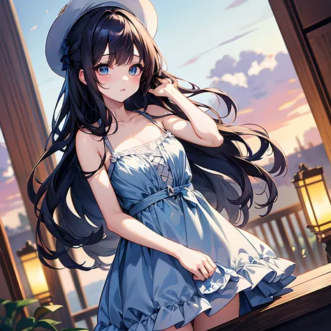 masutepiece, Best Quality, Ultra-detailed, Illustration, Medium view, Beautiful detailed eyes, ((long view, Wide angle 1.31)), Dark blue-haired girl, Blue slip dress. Facing the front、8K、An ultra-high picture quality、beautiful hairl、Long hair、Beautiful det...