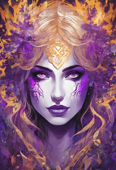 female with glowing purple eyes, blonde hair, witch, goddess, casting glowing spells, in mystical fantasy woods, evil smirk