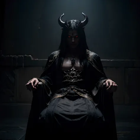 In a dimly lit chamber, a dark cool handsome demon sits upon a grand throne. The demons presence exudes an aura of mystery and power, as shadows dance around the room. The demons chilling gaze pierces through the darkness, while a sly smile plays upon its ...