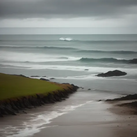 Walking by the sea on a rainy day