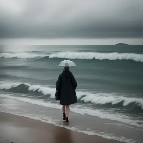 Walking by the sea on a rainy day