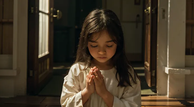 an image that portrays a small girl in a gesture of prayer and tranquility. The scene should symbolize the humility and simplicity that God values so much. The scene can create a visually striking introduction, highlighting the idea of being innocent befor...