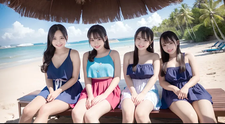 (3 female students), bright smile, beautiful mouth and pink lips, (Bare shoulders), big breasts, pleated skirt, long black hair, bangs, sitting on the beach with clear blue water, under a shady coconut tree (Quality best, Super detailed), (Heavenly starlig...