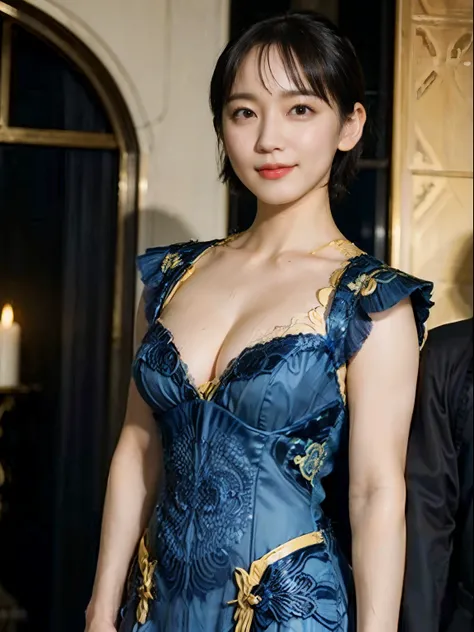 77
(20-year-old princess,is standing), (A hyper-realistic), (Masterpiece), ((short-hair:1.46)), (Smooth black hair), (breast:1.0), (kindly smile:0.9), (Luxurious dress in blue and yellow:1.46), Majestic palace, orange lipstick