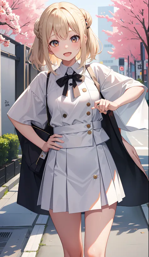 1girl in、AS-Adult、A smile、open open mouth、、be shy、The shirt、skirt by the、cream colored Hair、（small tits）Japan High School、校服、serafuku、Walking with a thigh、Upper body portrait、