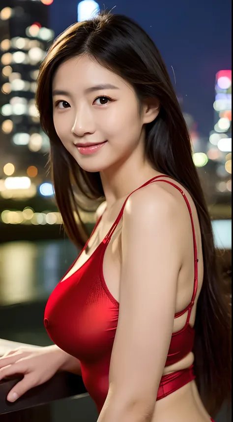 ((full bodyesbian))、(((Red Leotard)))、(((Bright night city)))、((1人))、((sexy  pose))、((Beautiful adult woman))、((A slight smil))、((A slender))、big breasts、Photorealsitic、Beautiful detailed eyes、Hyper-Realism、highcontrast、Ultra HD、realistic skin textures、Top...