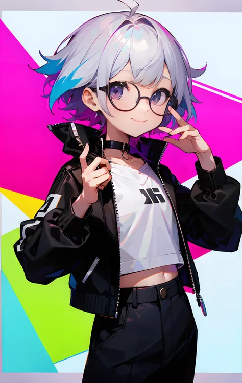 (Male child, eye glasses,A smile, silber hair)、独奏、jaket、Black jacket、Iridescent background、a choker、razor、Leather jacket、O cabelo multicolorido、cowboy  shot、Color Inner Hair、bangss、White shirt、Fluffy clothes、Two-tone、Viewers Perspective、is standing、a close...