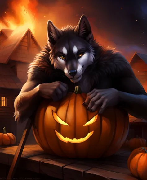 wide shot, (solo:1.2), evil pumpkin face, [a muscular man:werewolf sillhouette] (holding:1.1) pumpkin, messy fur, grin, crazy, h...