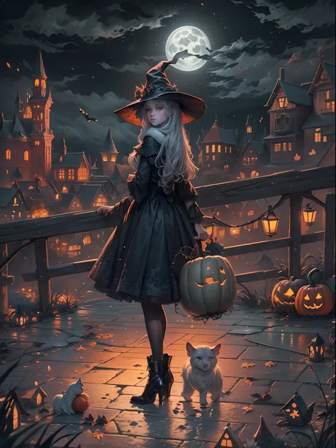 (tmasterpiece),（ultra - detailed：1.3），best qualtiy，（glittery:1.2），（Halloween Dream World:1.4），(Van Gogh starry and moonlight painting style: 1.5),（The moon is empty），halloween night，((The beautiful Dark Witch cruising casually on the city roads in a magica...