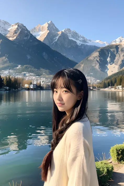 18-year-old girl,Bust photo, lakeside, there are snow-capped mountains in the distance,