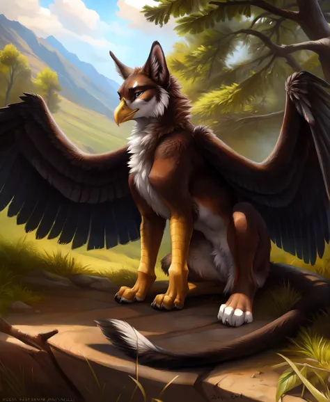 feral, gryphon, wings, spread wings, feathers, (beak), female, tail, paws,, best quality, shaded, extreme detail, highly detaile...