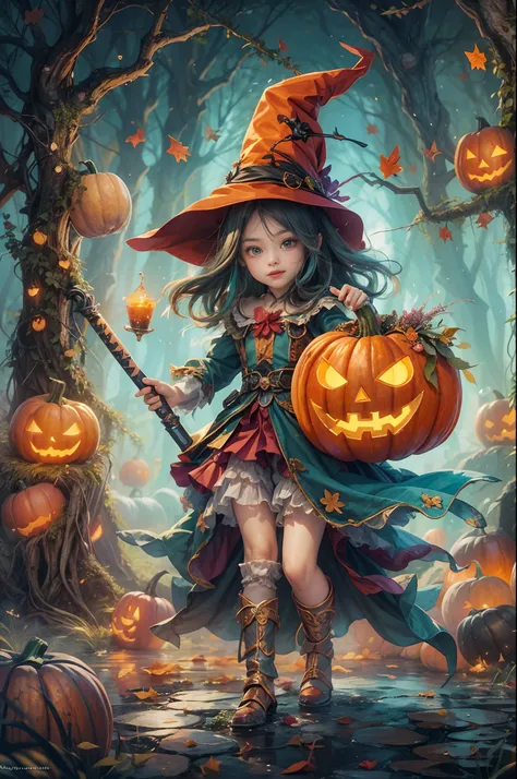 whimsical halloween witch, wear energetic and playful magical costumes, stand in a magical forest filled with colorful magic spl...