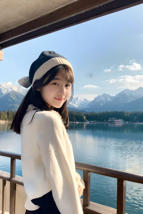 18-year-old girl,Bust photo, lakeside, there are snow-capped mountains in the distance,