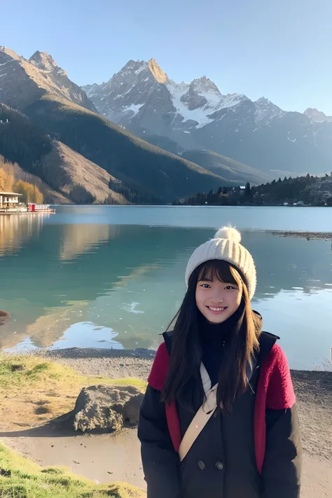 18-year-old girl,Bust photo, lakeside, there are snow-capped mountains in the distance,