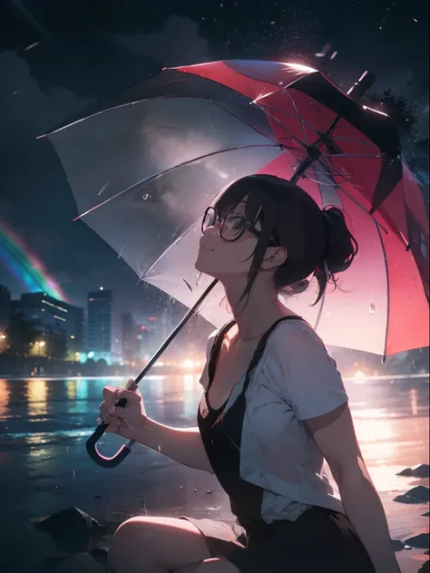 ultra-quality, ultla highres, Hyper Detailed, High contrast, Ultrafine Strike, creative refinement,A dark-haired,Holding a rainbow-colored umbrella,stylish glasses,ssmile,rain falling,