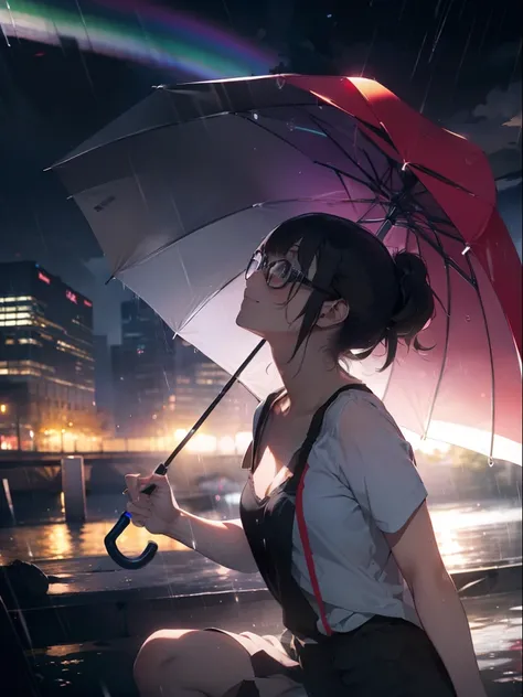 ultra-quality, ultla highres, Hyper Detailed, High contrast, Ultrafine Strike, creative refinement,A dark-haired,Holding a rainbow-colored umbrella,stylish glasses,ssmile,rain falling,