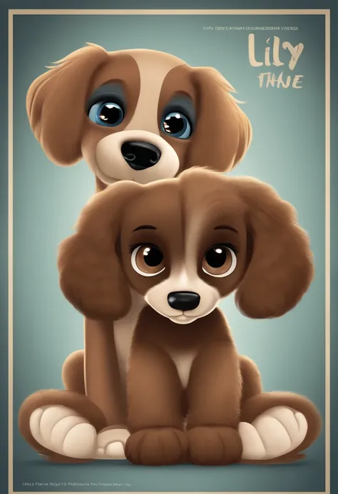 Create a poster inspired by Disney Pixar movies, featuring a couple compaund by a median-height girl with dark brown hair, full lips and darked eyes and silly face along with brown poodle puppy girl, well-groomed fur little puppy  with sharp and pointed ca...