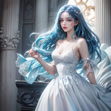 a women, blue hair, blue eyes, white dress