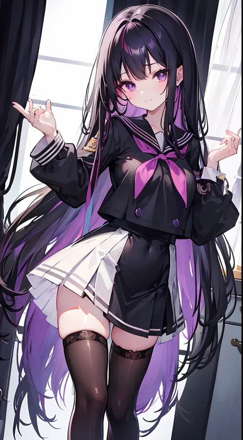 Long black hair that reaches the waist，Deep purple eyes，Hair curtain，Two hair curtains on both sides，dishiveredhair，chiquita，Black sailor uniform school uniform，huge tit，White skin of the，light  smile，black lence stockings，Whole body diagram，Eye highlights...