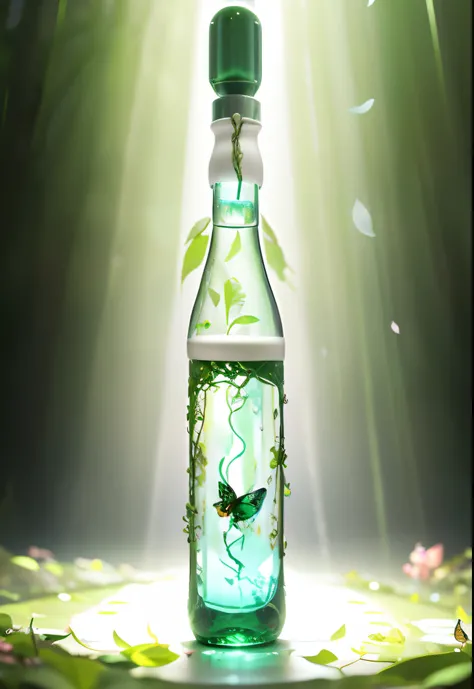 Fantasy in a glass, "ethereal roses, cute slime animals, glowing little mushrooms surrounded by delicate leaves and branches, and fireflies and glowing particle effects, girls in dynamic poses", (natural elements), (jungle theme), (leaves), (branches), (fi...