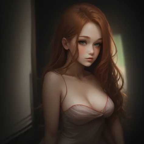 Portrait of a beautiful teenager, Small breasts, complex dress, Soft smile, Red lips, Ginger Hair, Green eyes, Realism, Digital Painting, Concept art, Smooth, Sharp Focus, thirds rule, Style Psycho --auto