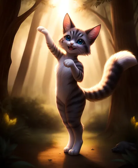 ( furry body) , (realistic fur) , standing, fluffy tail, blush, (:3), species that looks like a cross between  girl and a  cat, a happy ,dancing, cinematic lighting ,4k, in the forest, cute