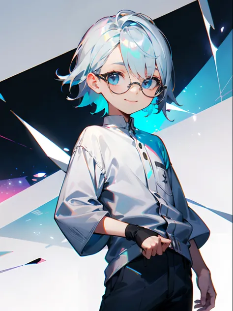 (Male child, eye glasses,blue eyess，A smile, silber hair)，独奏，cowboy  shot，Iridescent background