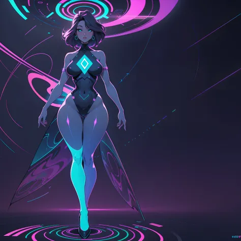 holographic woman, holography, in the style of interference patterns, full body, hourglass figure, plumb ass, thick thighs, thin waist, free-flowing lines, in the style of neon-infused digitalism, electronic woman, in the style of neon-infused digitalism, ...