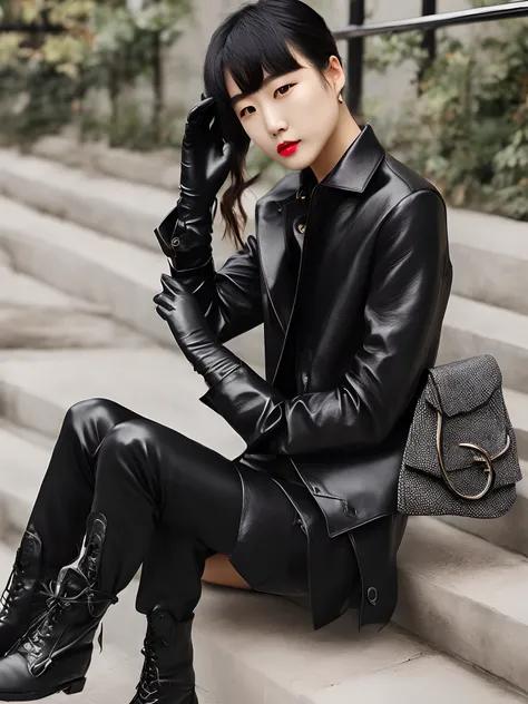 The shirt is also black、Wearing a three-piece suit for men、Young cute Japan woman in black leather gloves 8K、Black leather long boots、((Black leather gloves on both hands))、Black hair ponytail、8K