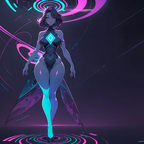 holographic woman, holography, in the style of interference patterns, full body, hourglass figure, plumb ass, thick thighs, thin waist, free-flowing lines, in the style of neon-infused digitalism, electronic woman, in the style of neon-infused digitalism, ...