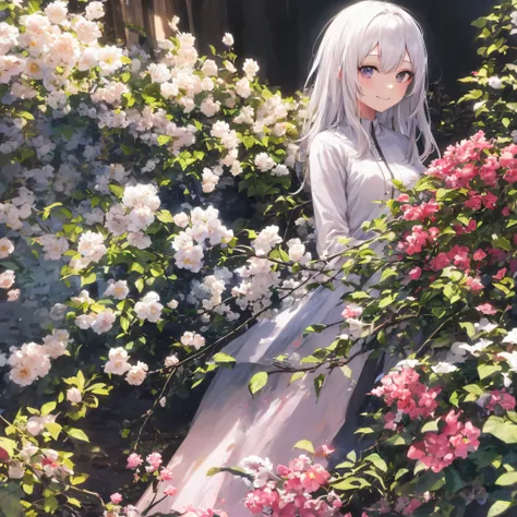 masutepiece, Best Quality, 1girl in, White hair, Smiling, Looking at Viewer, Adult, Fully mature, holding flowers --auto