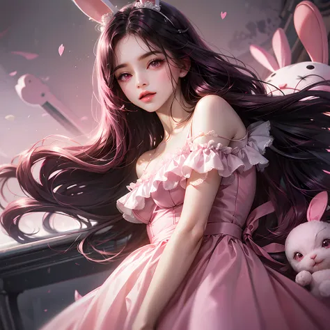 a women, pink bunny ears, black hair, pink eyes, pink dress