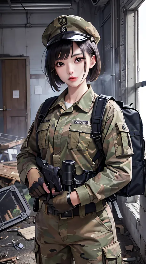 ((tmasterpiece、ultra fine photos、top-quality、超a high resolution、foco nítido、chest circumference))、、beautiful female soldier、deli...