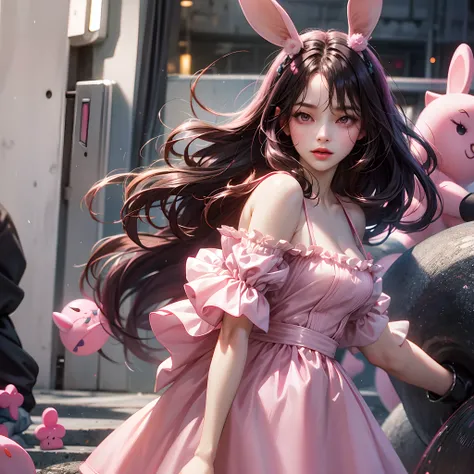 a women, pink bunny ears, black hair, pink eyes, pink dress