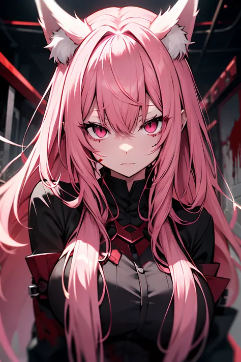 corpse、Blood is everywhere、blood splash、Dark hue、red tint、pink long hair,fox pink ears,pink eyes