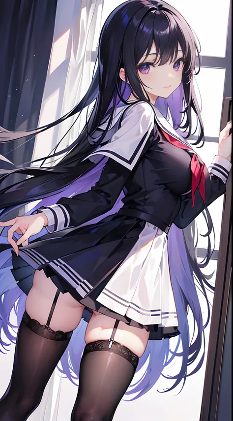 Long light black hair reaches waist-length，Deep purple eyes，Hair curtain，Two hair curtains on both sides，dishiveredhair，chiquita，Sailor uniform school uniform，huge tit，White skin of the，light  smile，black lence stockings，Whole body diagram，Eye highlights，I...