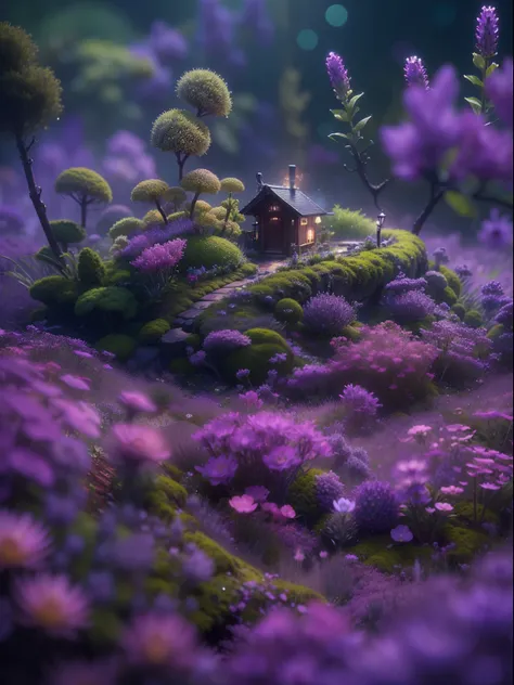 Imagine a small town on a rainy night, In the garden of the house, the street lights, Color, A little moss, Shady house in the forest in stormy weather, lavender, flower, Miki Asai Macro photography, Close-up, ultra - detailed, trending on artstationh, Sha...