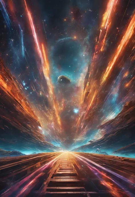 (best quality,4k,8k,highres,masterpiece:1.2),ultra-detailed,(realistic,photorealistic,photo-realistic:1.37),hyperspace tunnel,surrealistic light trails,ultra-realistic picture,vibrant colors,glowing light,galactic scenery,mind-bending journey,multidimensio...